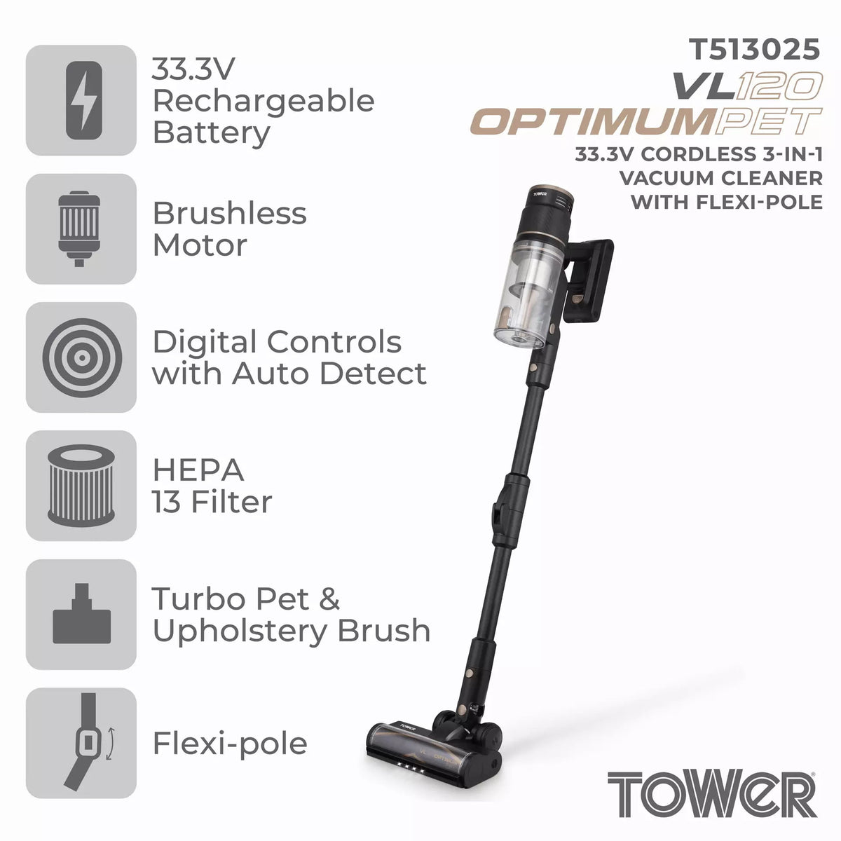 Tower T513025 VL120 Optimum Pet Cordless 3-in-1 Vacuum Cleaner