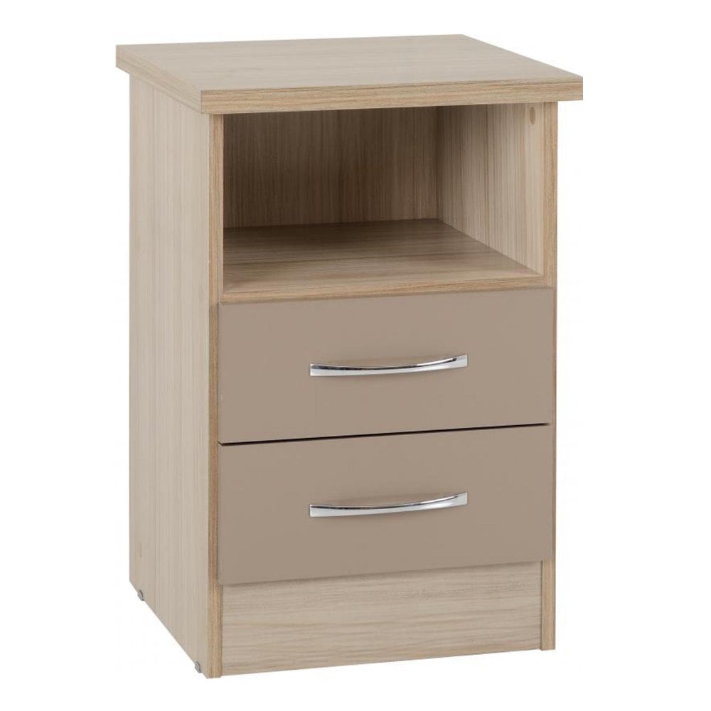 Nevada 2 Drawer Bedside Locker in Oyster Gloss/Light Oak Effect Veneer