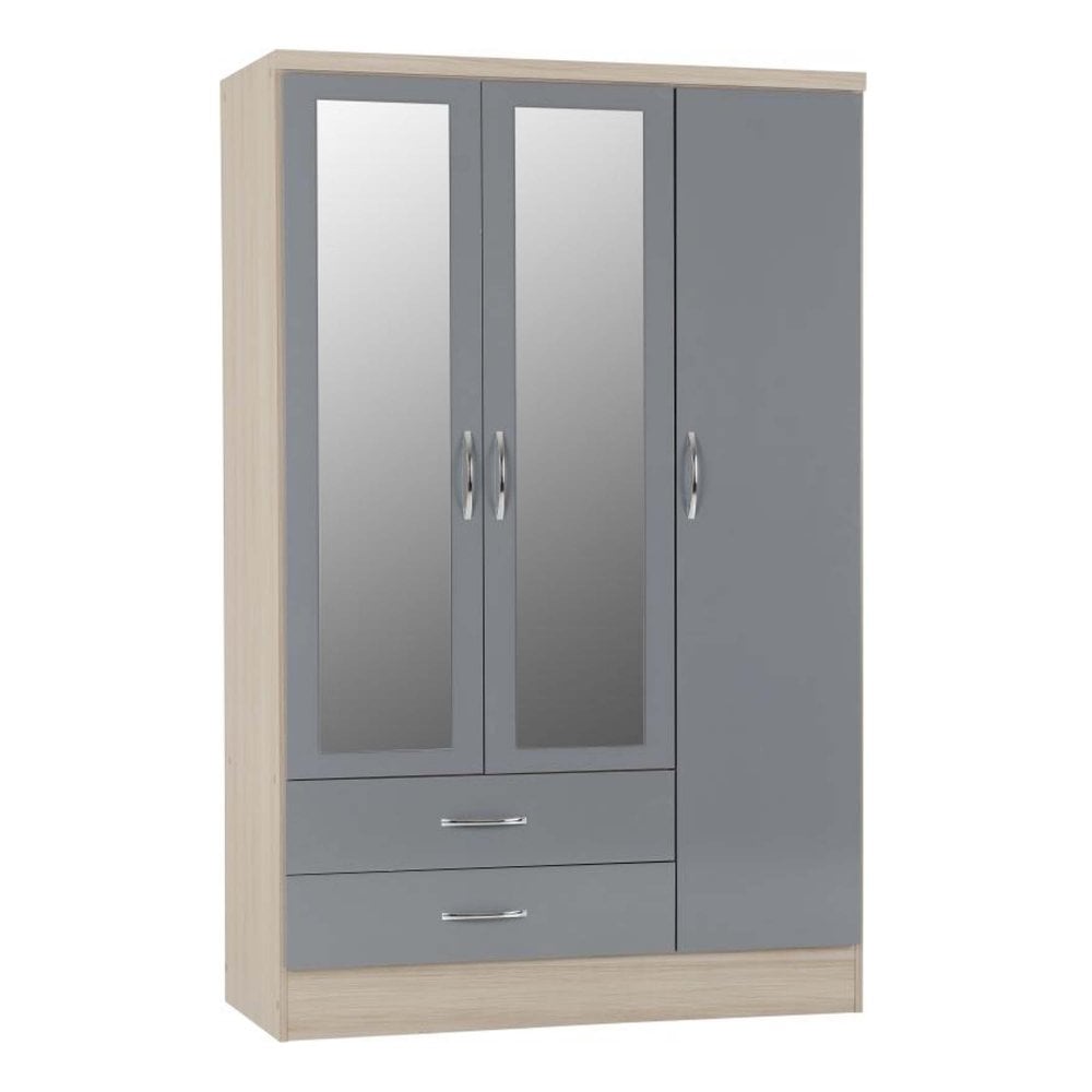 Nevada 3 Door 2 Drawer Mirrored Wardrobe in Grey Gloss/Light Oak Effect Veneer