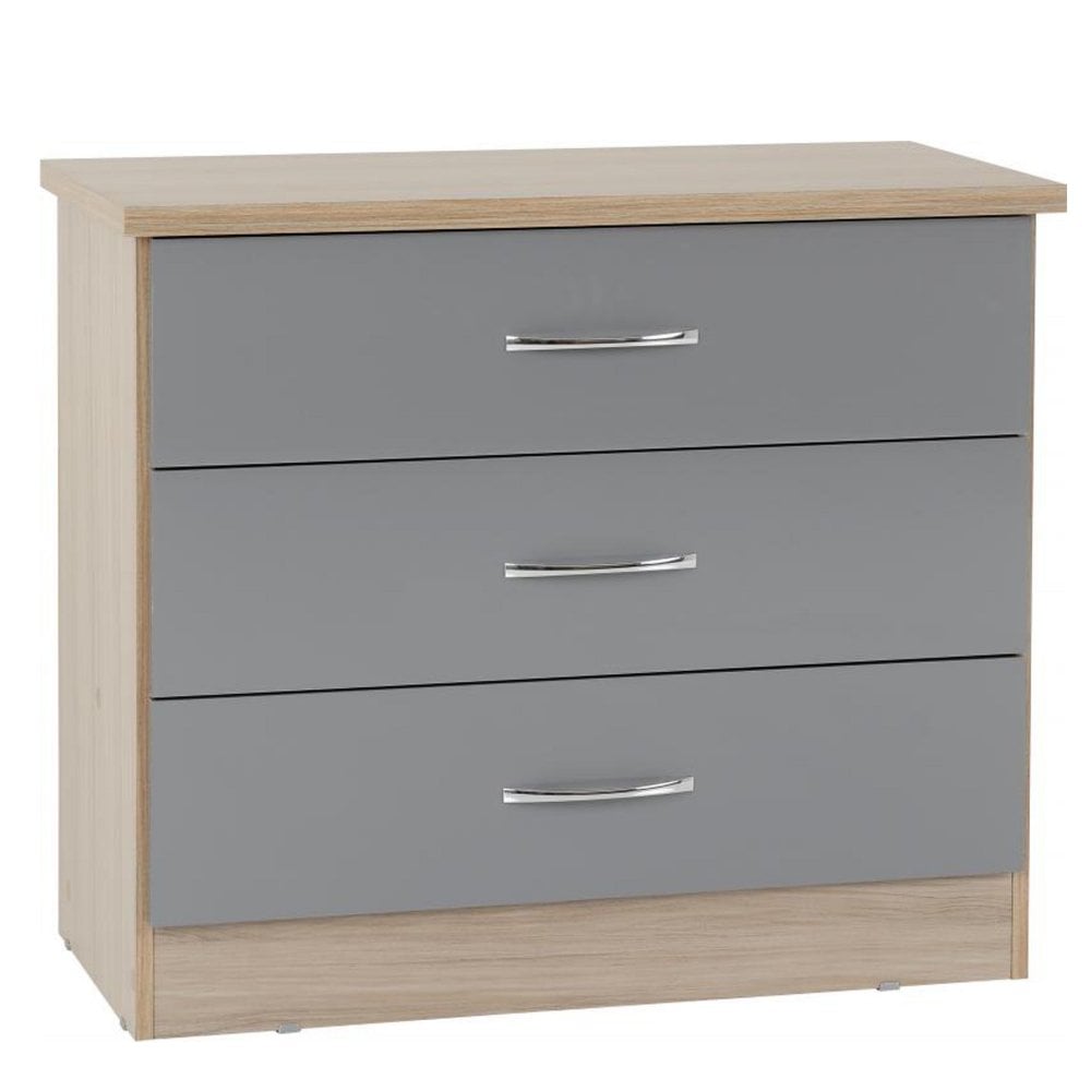 Nevada 3 Drawer Chest in Grey Gloss/Light Oak Effect Veneer