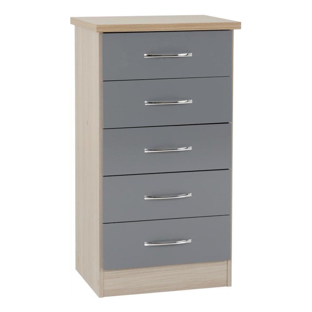 Nevada 5 Drawer Narrow Chest in Grey Gloss/Light Oak Effect Veneer