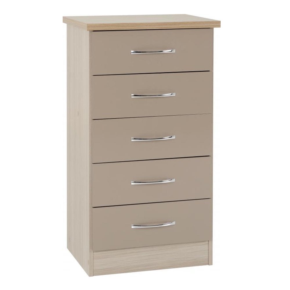 Nevada 5 Drawer Narrow Chest in Oyster Gloss/Light Oak Effect Veneer