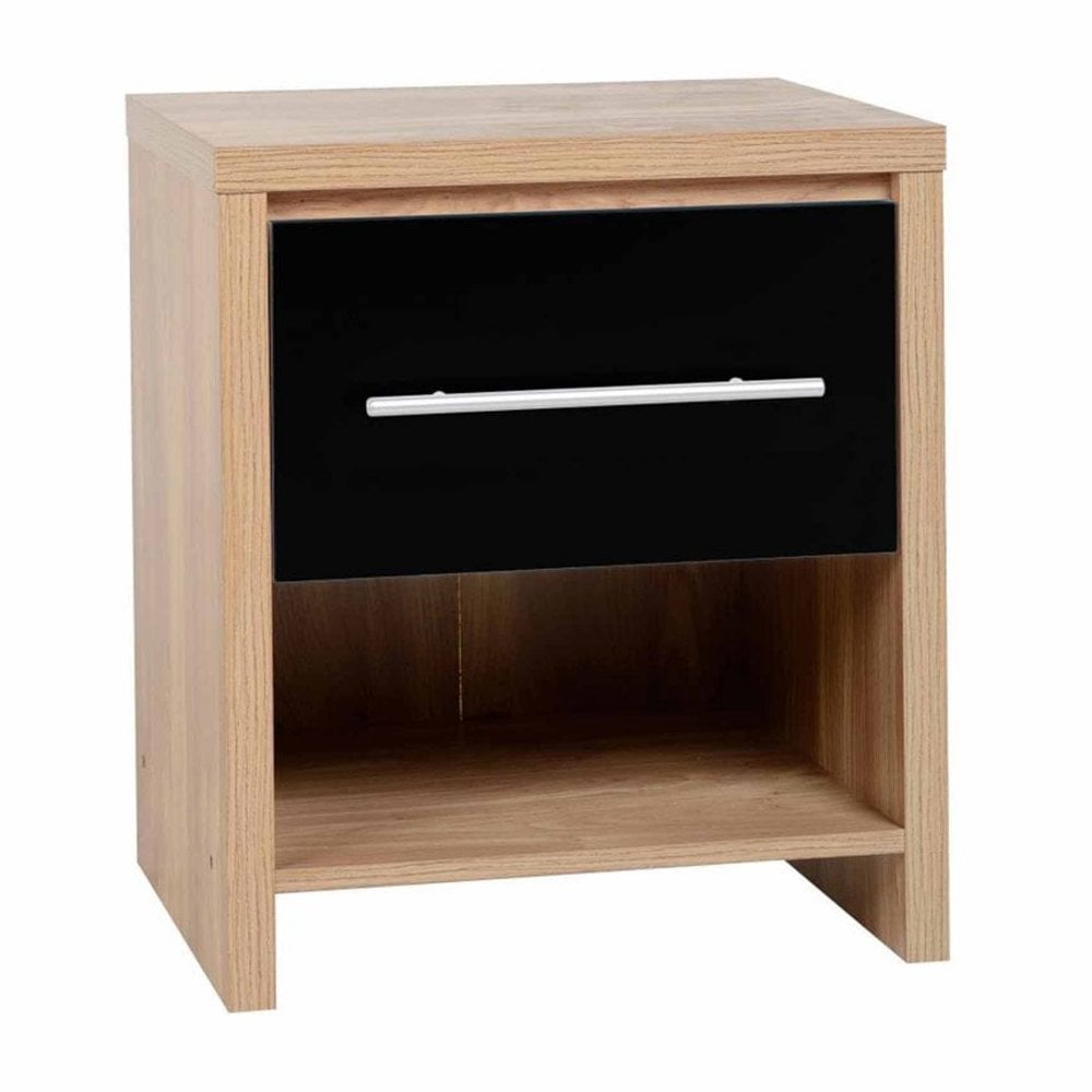 Seville 1 Drawer Bedside Cabinet in Black High Gloss/Light Oak Effect Veneer
