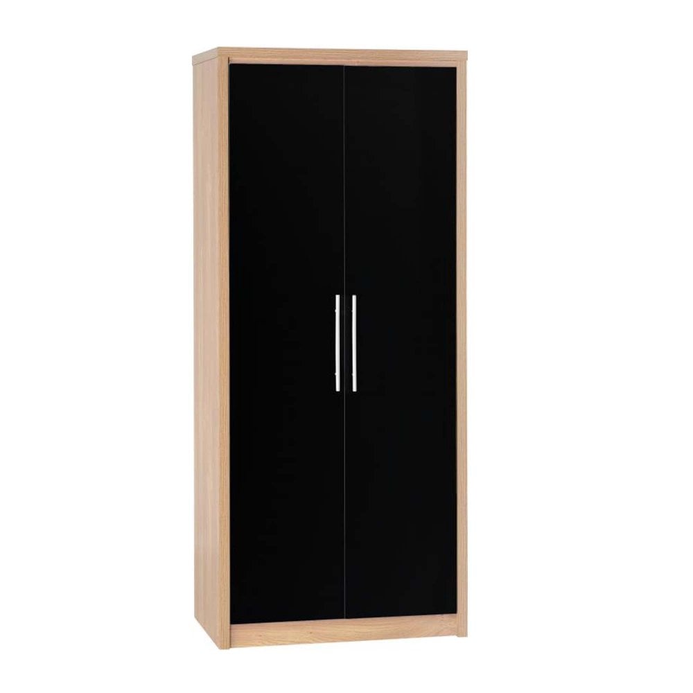 Seville 2 Door Wardrobe in Black High Gloss/Light Oak Effect Veneer