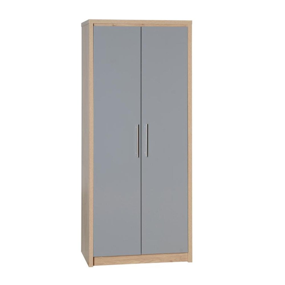 Seville 2 Door Wardrobe in Light Oak Effect Veneer and Grey High Gloss