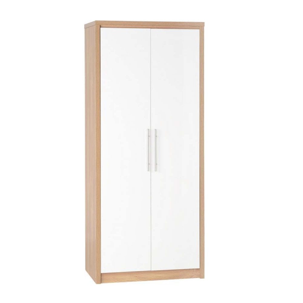 Seville 2 Door Wardrobe in Light Oak Effect Veneer/White High Gloss