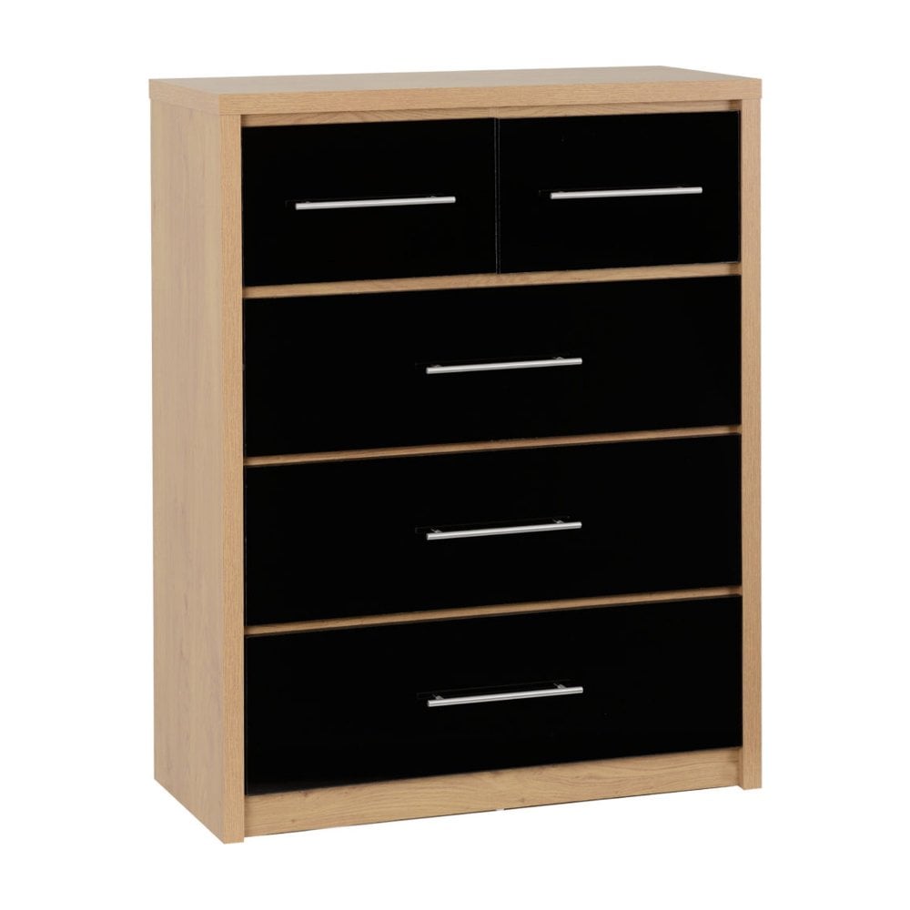 Seville 3+2 Drawer Chest in Black High Gloss/Light Oak Effect Veneer