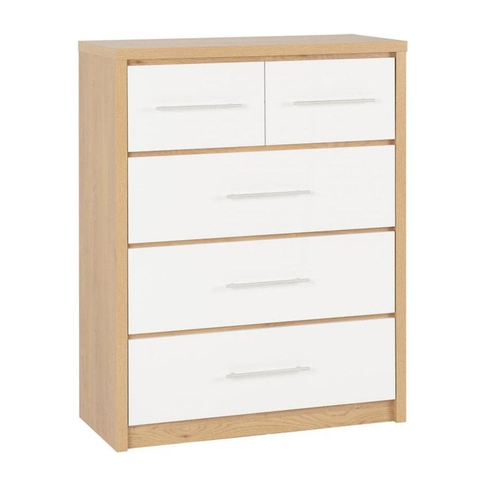 Seville 3+2 Drawer Chest in White High Gloss/Light Oak Effect Veneer