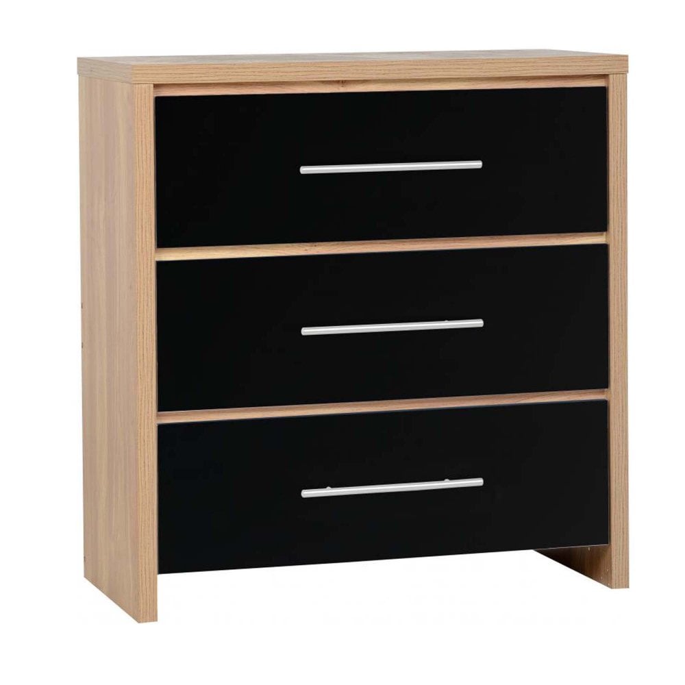 Seville 3 Drawer Chest in Black High Gloss/Light Oak Effect Veneer
